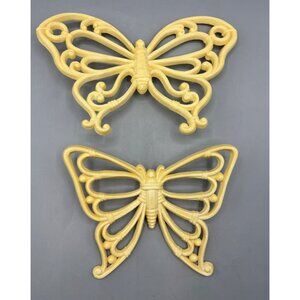 Vtg Homco Beige Yellow Wicker Style Butterflies 2 Pc Wall Decor